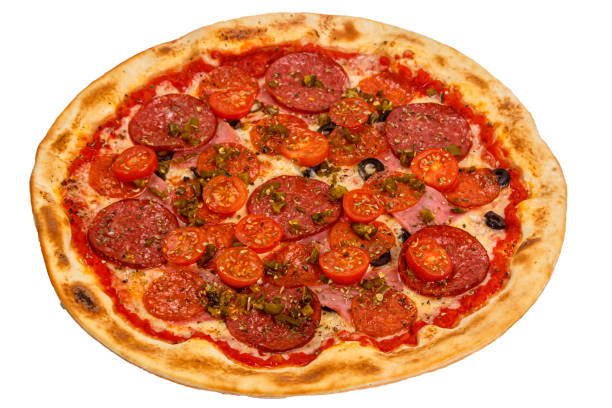 istock Pizza isolated on a white background: cheese, mozzarella, salami, chorizo, capers, olives, Basil 1273658781