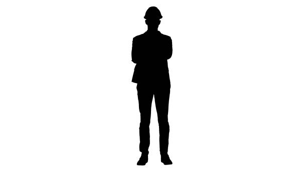 ilustrações de stock, clip art, desenhos animados e ícones de silhouette confident construction engineer architect young man in helmet with hands folded - construction worker silhouette people construction