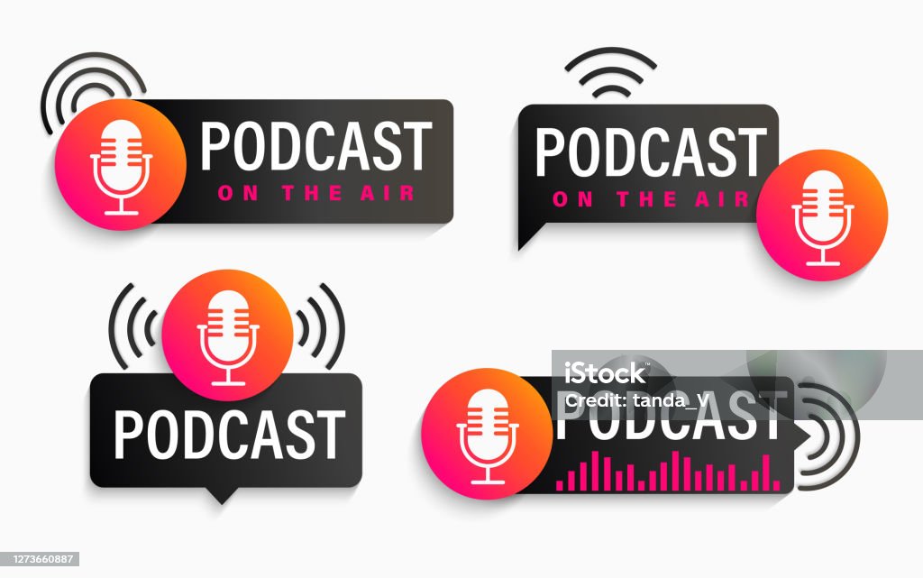 Imposta simboli podcast, icone con microfono da studio. - arte vettoriale royalty-free di Podcasting