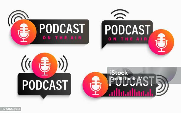 Imposta Simboli Podcast Icone Con Microfono Da Studio - Immagini vettoriali stock e altre immagini di Podcasting