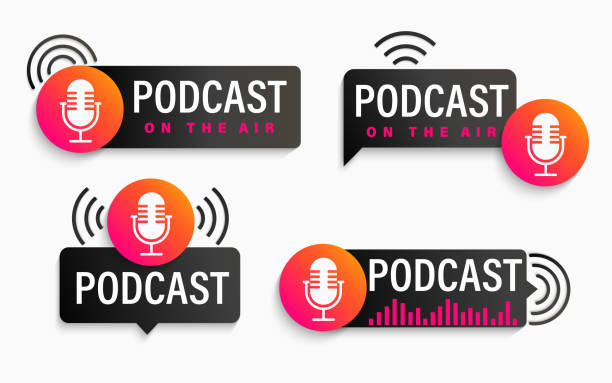 Set podcast symbols, icons with studio microphone. Set podcast symbols, icons with studio microphone. Emblems for broadcast,news and radio streaming. Template for shows, live performances. Dj audio podcasting. Vector illustration. microphone icons stock illustrations