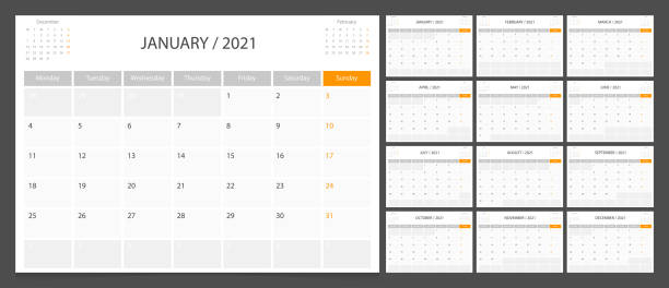 календарь планировщик 2021 дизайн шаблон недели начинаются в понедельник. - backgrounds printout business paper stock illustrations