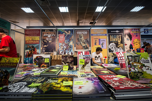 Picture of covers of comic strics on a comic book guystore in Belgrade, Serbia.
