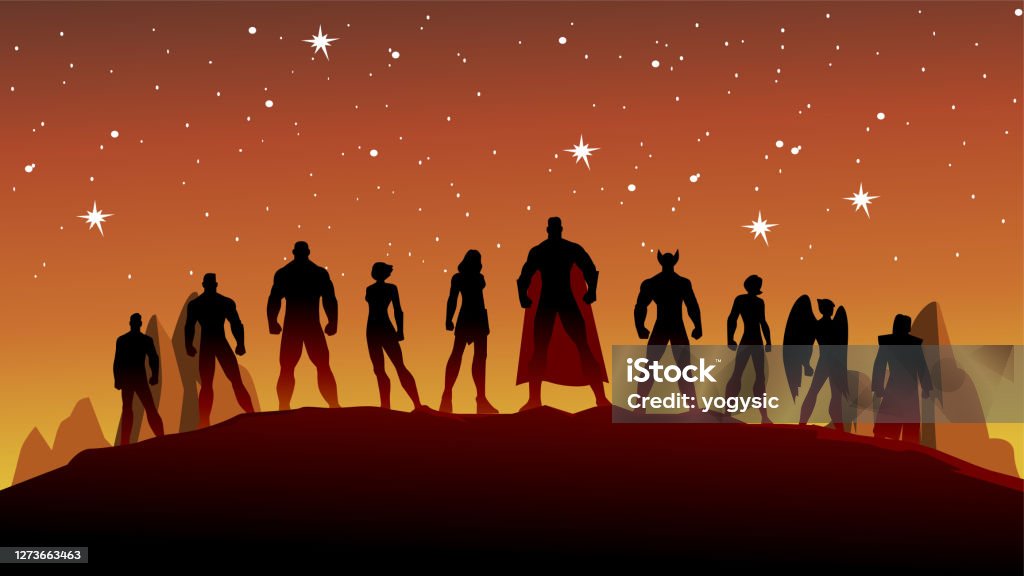 Vector Superheroes Silhouette Stock Illustration A silhouette style vector illustration of a team of superheroes with starry sky in the background. Wide space available for your copy. Backgrounds stock vector