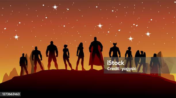 Vector Superheroes Silhouette Stock Illustration Stock Illustration - Download Image Now - Backgrounds, Superhero, Adult