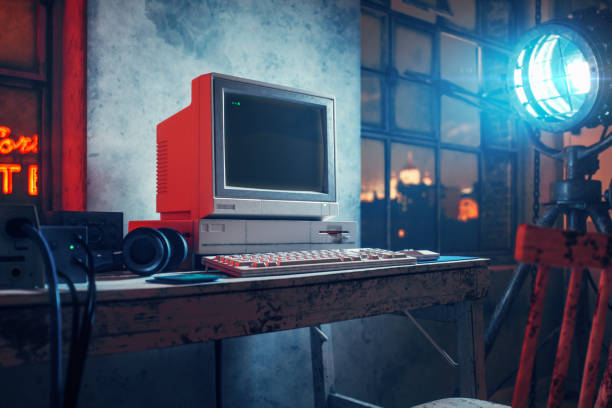 Cyberpunk Computer Room Old computer room inside of an obsolete building. pc gaming monitor stock pictures, royalty-free photos & images