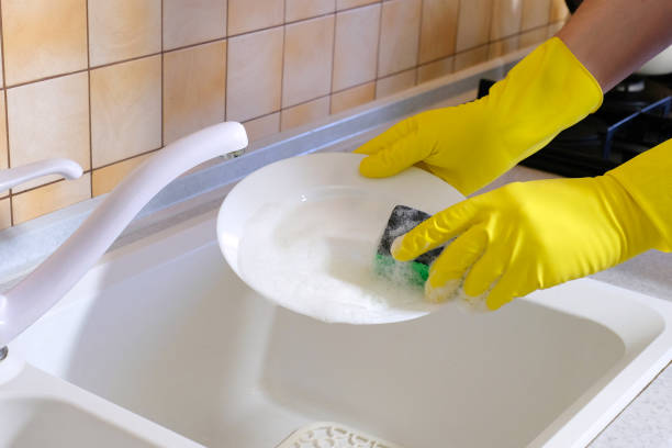 Washing dishes. Hands with a sponge wash the dish under running water.