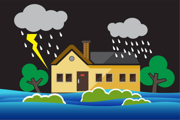 집과 홍수 자연 재해 - residential structure house water natural disaster stock illustrations