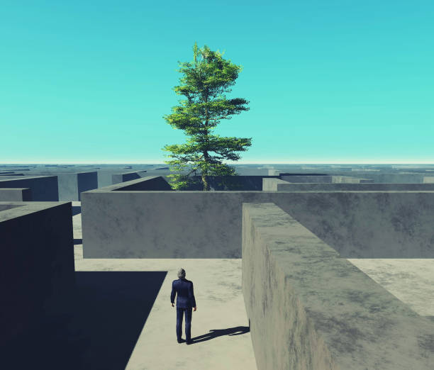 istock Businessman looks up to a tree inside a labyrinth . This is a 3d render illustration . 1273673718