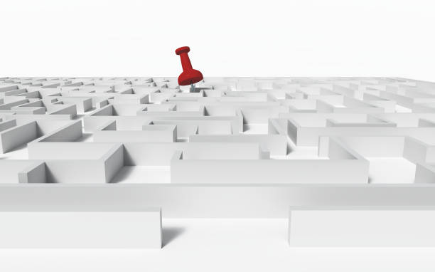istock Red pin in a complex white maze . Successful goal concept . Difficult journey . This is a 3d render illustration . 1273673763