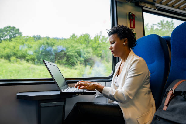 istock Afro-American woman using laptop in train 1273675274