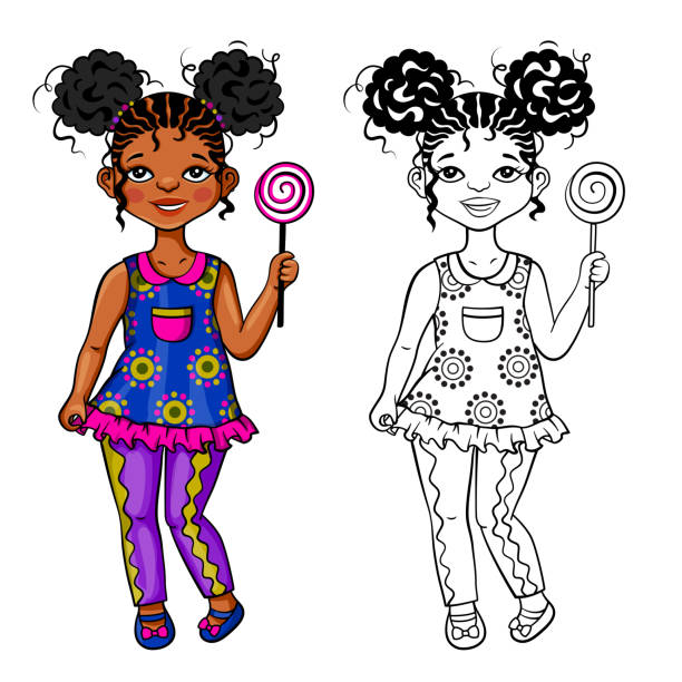 ilustrações, clipart, desenhos animados e ícones de menina africana + estilo de cabelo em dois puffs, 5-10 anos de idade. ilustração colorida + preto e branco para fundo de página colorida - 7 10 years