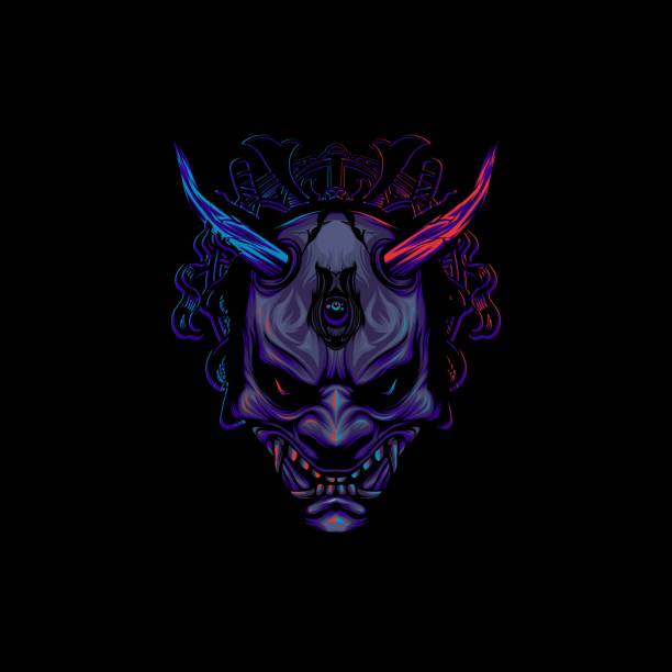Neon Colored Japanese Oni Mask Gaming Mascot T-Shirt Design Illustration Download with the EPS file for any editable or scalable needs hannya stock illustrations