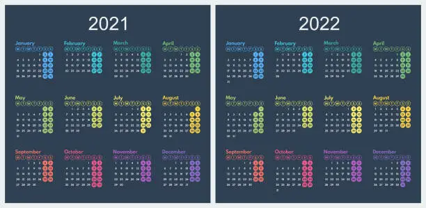 Vector illustration of simple vector calendar 2021 2022, starts monday, two weekend, dark background