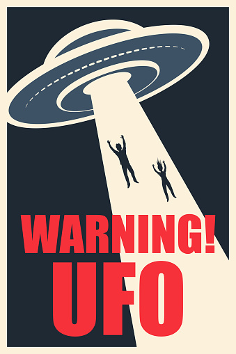 A man and a woman floating in the ray of light into the flying saucer. UFO warning.