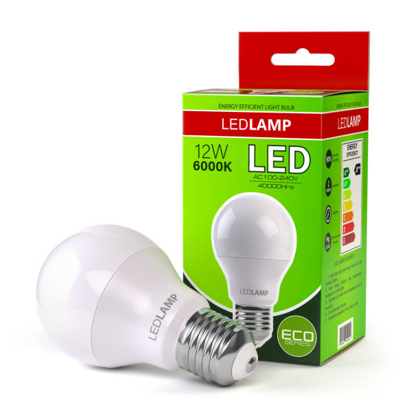 istock Led lamp with package box isolated on white. Energy efficient light bulb. 1273684027