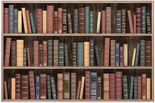 Vintage books on old wooden shelf isolated on white. Old library or antique bookshop.3d illustration