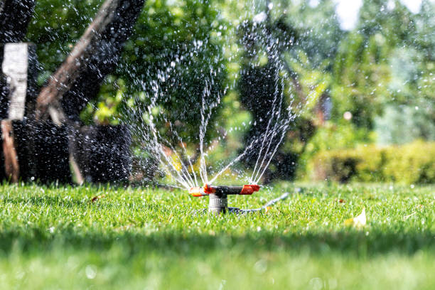 istock Landscape automatic garden watering system with different rotating sprinklers installed on turf. Landscape design with lawn and fruit garden irrigated with smart autonomous sprayers at sunset time 1273687736