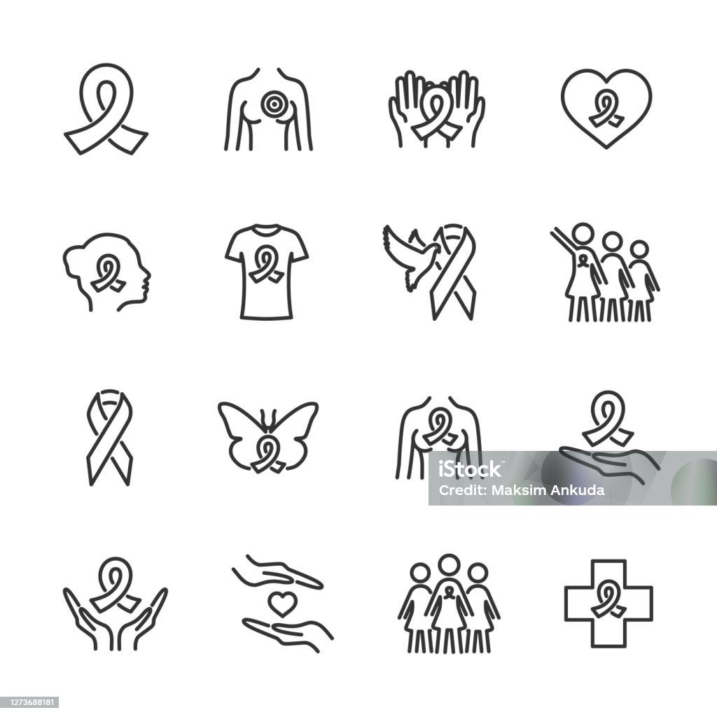 Conjunto vectorial de iconos de línea de cáncer de mama. - arte vectorial de Ícono libre de derechos