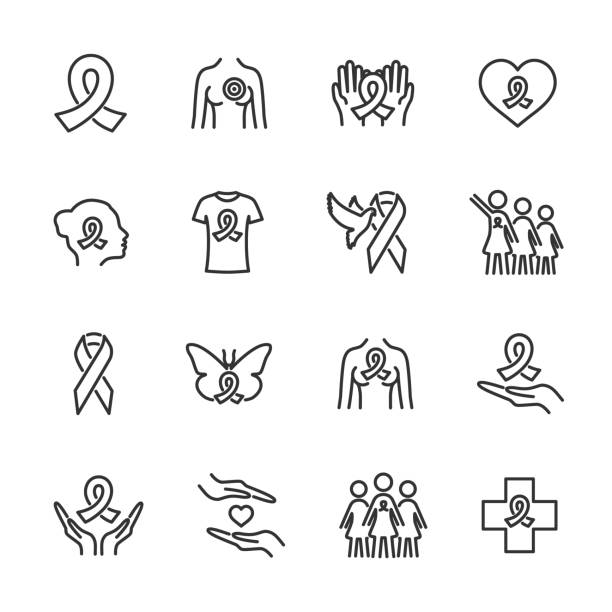 ilustraciones, imágenes clip art, dibujos animados e iconos de stock de conjunto vectorial de iconos de línea de cáncer de mama. - breast cancer