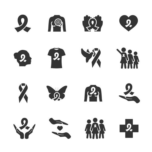 ilustraciones, imágenes clip art, dibujos animados e iconos de stock de conjunto vectorial de iconos del cáncer de mama. - beast cancer awareness month