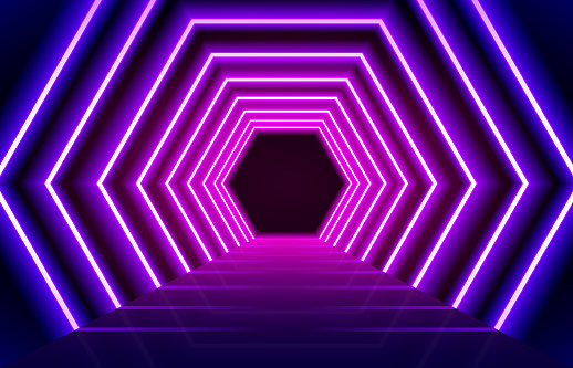 Abstract glowing magenta blue neon lights line floor background.  Perspective hexagon led concept.  vip neon lights entrance or festival concept. vector illustration.