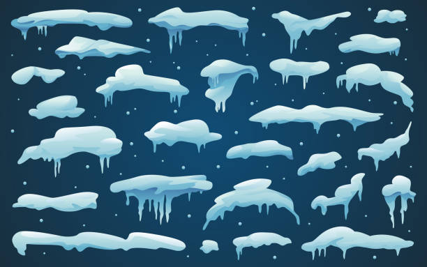 illustrazioni stock, clip art, cartoni animati e icone di tendenza di tappi da neve e ghiaccio innevato, ghiaccioli ghiacciati e fiocchi di neve, set di icone dei cartoni animati isolate vettoriali. tappi e ghiaccioli da gelo da neve astratti sullo sfondo invernale per elementi di design di natale e capodanno - icicle hanging snow moving down