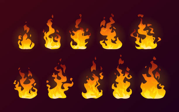Fire flames burning icons, isolated cartoon flat set on vector background. Realistic dire flames of campfire or red fiery hot explosion and torch with smoke effect, abstract flame of orange red blaze Fire flames burning icons, isolated cartoon flat set on vector background. Realistic dire flames of campfire or red fiery hot explosion and torch with smoke effect, abstract flame of orange red blaze sequential series stock illustrations