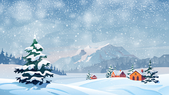 Winter snow landscape and houses on vector background with snowflakes falling from sky. Christmas winter scenery of cold weather and village houses in town or village forest, snowy hills and fields