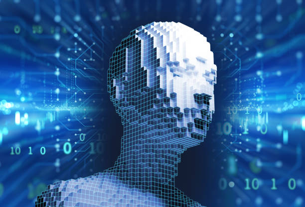 istock 3d illustration of cubic human form on technology background. 1273700255
