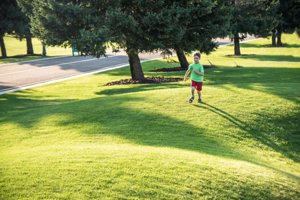 petit garçon courant sur l’herbe sur le terrain de golf énorme - golf child sport humor photos et images de collection