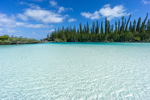 beautiful seascape of natural swimming pool of Oro Bay, Isle of Pines, New Caledonia. aquamarine translucent water.
