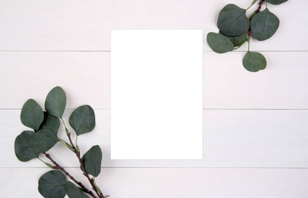 istock Blank paper sheet copy space with mockup and leaf on wooden table, poster and invitation, postcard decoration your design or branding, simplicity and minimal, nobody, flat lay, top view. 1273702665