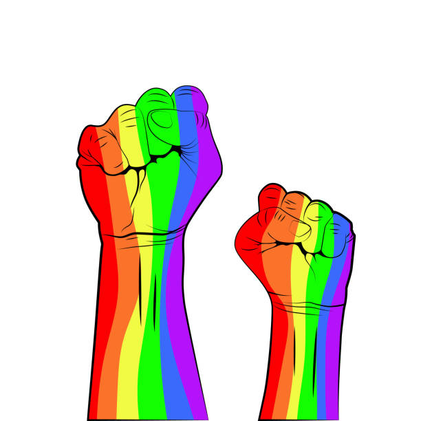 istock Gay Pride. LGBT concept. Rainbow colored hand with fist raised up isolated on white background. Vector 1273705194