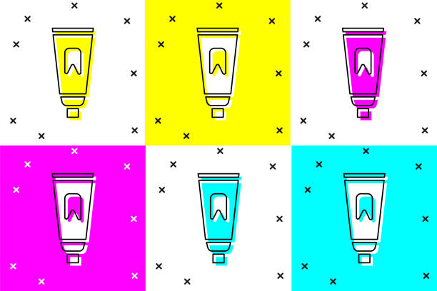 legen sie tube von zahnpasta-symbol isoliert auf farbhintergrund. vektor-illustration - toothbrush pink turquoise blue stock-grafiken, -clipart, -cartoons und -symbole