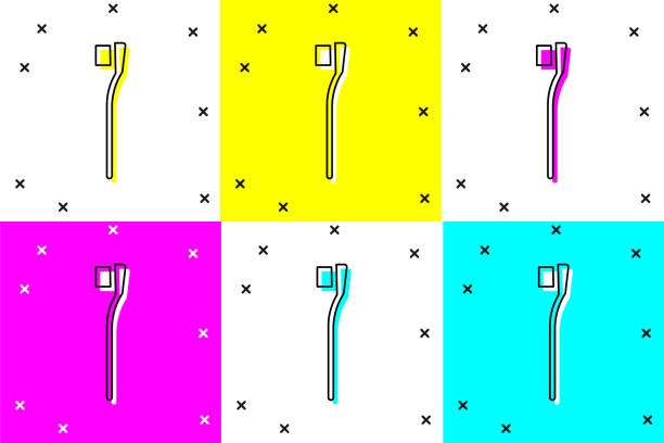 legen sie das zahnbürstensymbol isoliert auf demfarbhintergrund fest. vektor-illustration - toothbrush pink turquoise blue stock-grafiken, -clipart, -cartoons und -symbole