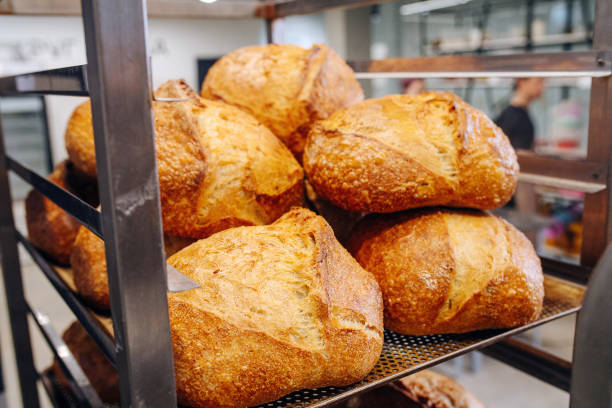 istock Golden crispy freshly baked bread loafs cooling on a perforated iron shelf 1273705752