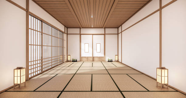 istock Empty yoga room inteior with tatami mat floor.3D rendering 1273706097