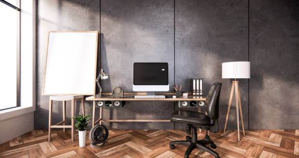 istock The interior loft style, Computer and office tools on desk in room concrete and white brick wall design. 3D rendering 1273707641