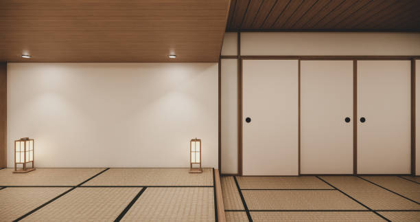 istock Empty house hall with tatami  floor 2 steps White room tropical style.3D rendering 1273709224