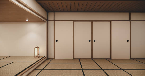 istock Empty house hall with tatami  floor 2 steps White room tropical style.3D rendering 1273709262