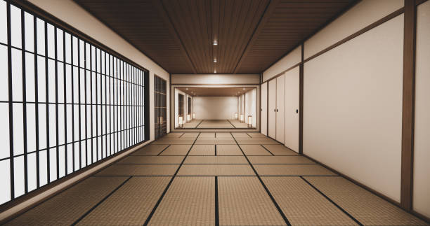 istock Empty house hall with tatami  floor 2 steps White room tropical style.3D rendering 1273709278