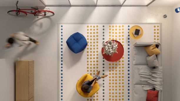 Overhead view of a home Overhead view of a modern home interior, all items in the scene are 3D red white blue bike stock pictures, royalty-free photos & images