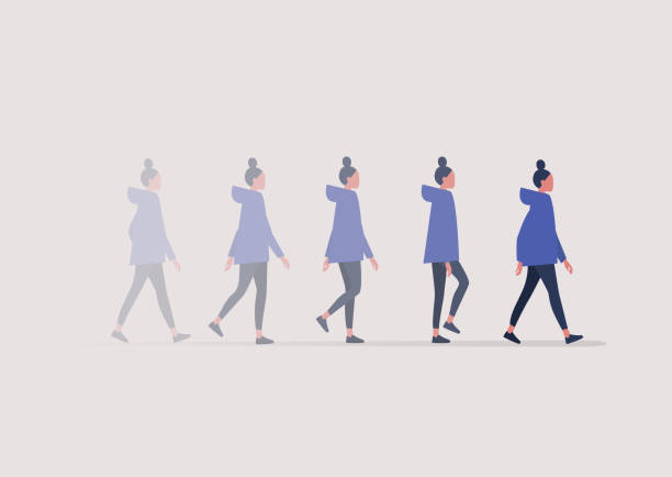illustrations, cliparts, dessins animés et icônes de un jeune personnage féminin marchant dans un mouvement brouillé, une séquence d’animation - corps de femme en transparence