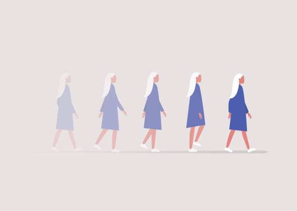 illustrations, cliparts, dessins animés et icônes de un jeune personnage féminin marchant dans un mouvement brouillé, une séquence d’animation - corps de femme en transparence