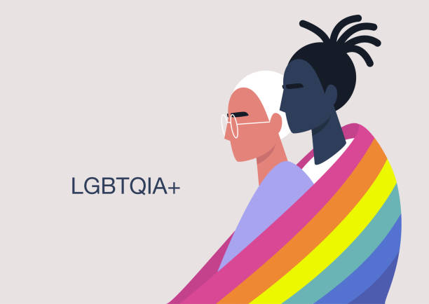 illustrations, cliparts, dessins animés et icônes de un couple de jeunes personnages étreignant couvert du drapeau arc-en-ciel lgbtq+, des relations homosexuelles, de la diversité et des droits de l’homme - homosexual couple illustrations