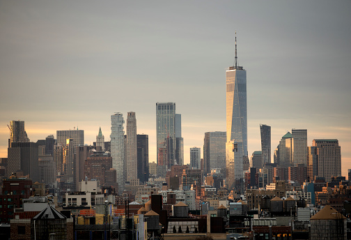 Views of Manhattan towards downtown during sunrise in New York City.