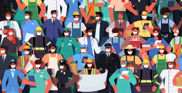 mix race people of different occupations standing together labor day celebration concept mix race people of different occupations standing together labor day celebration concept men women wearing masks to prevent coronavirus horizontal vector illustration togetherness covid stock illustrations