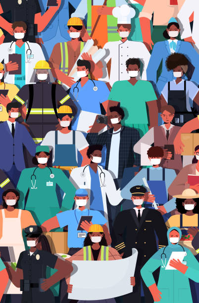 ilustrações de stock, clip art, desenhos animados e ícones de mix race people of different occupations standing together labor day celebration concept men women wearing masks to prevent coronavirus - various occupations illustrations