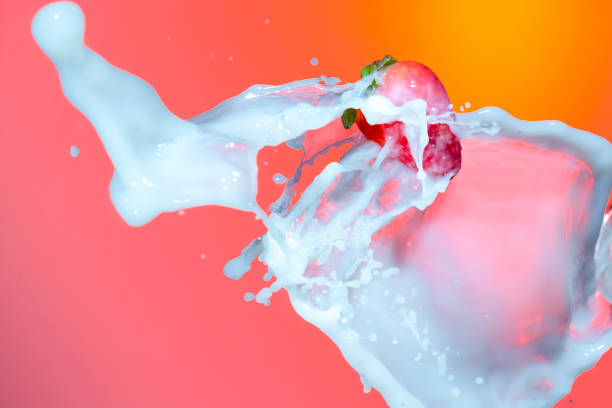 One Strawberry Levitating  in Stream of Milk Splashes Droplets. Isolated Against Red Background.Horizontal Shot